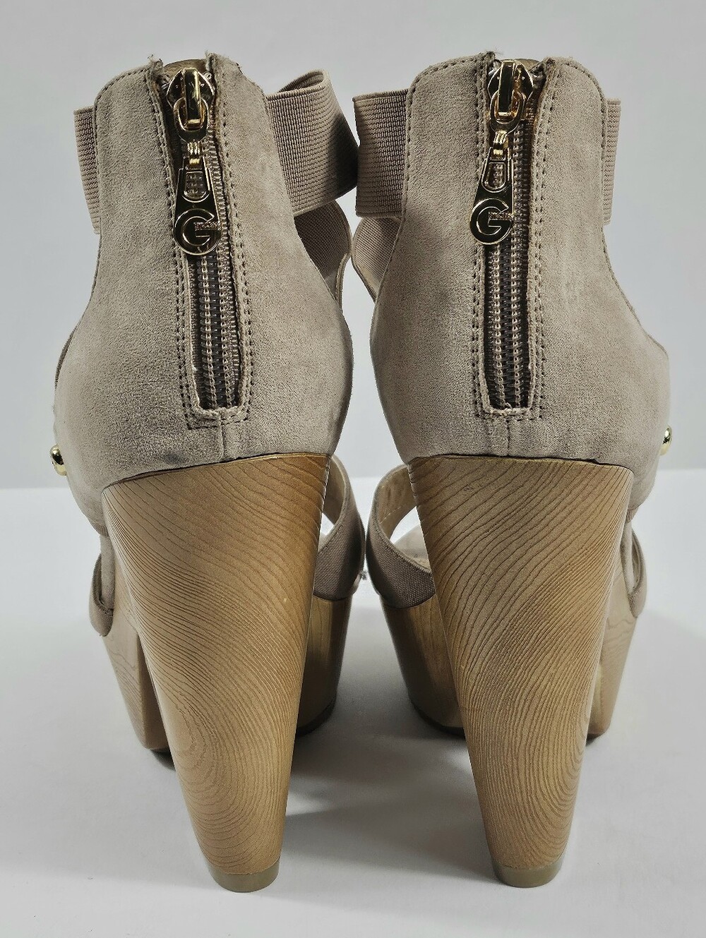 G By Guess Sirrah Beige Taupe Faux Suede Cross Strap Woodgrain Platform Sandal - Picture 8 of 16
